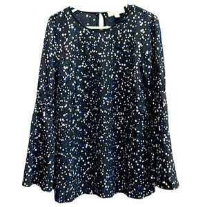 Michael Kors Black Blue Silver Fairy Shimmer Star Print Bell Sleeve Top Blouse L